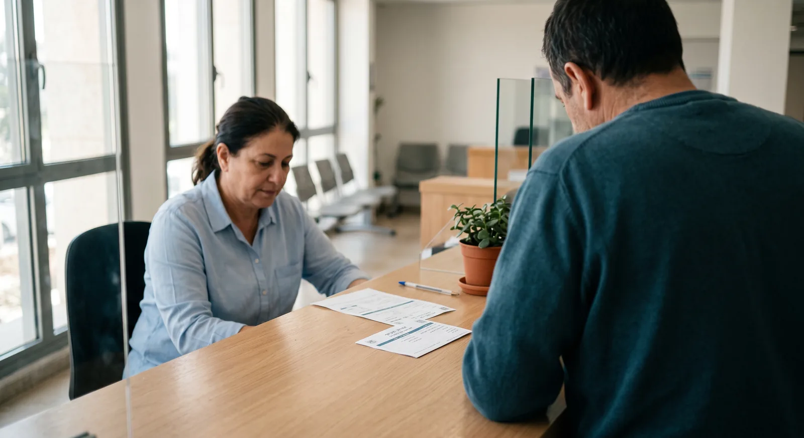 A resident at a municipal service counter, a clerk going over a form with him